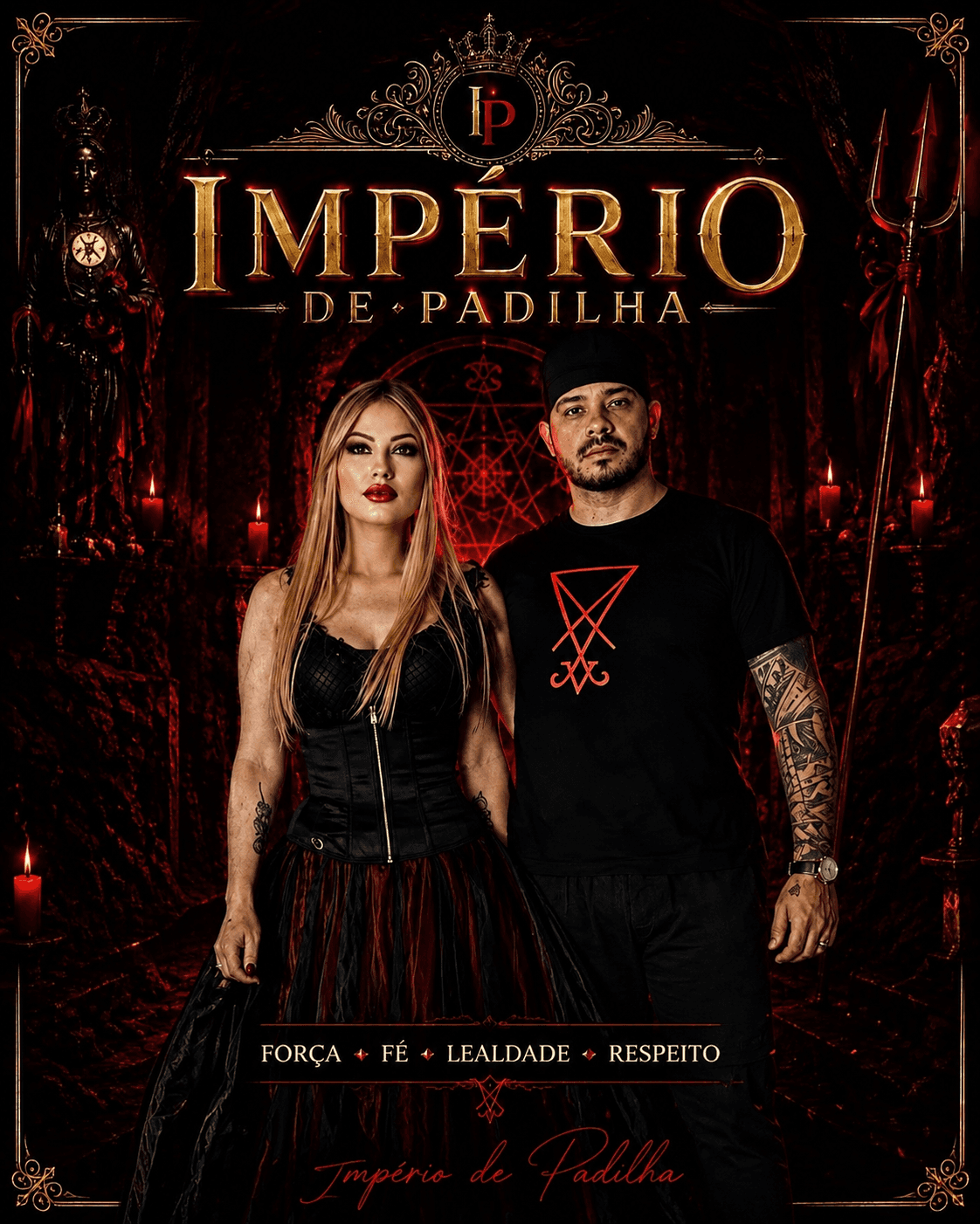 Retrato de Mameto Padilha e Tata Pantera no templo, entre velas acesas, sob o nome Império de Padilha